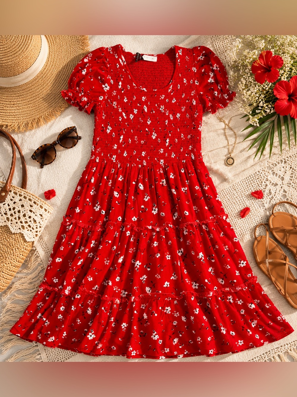 Piper & Scoot Dress XL Red Floral Smocked Tiered Boho Cottagecore